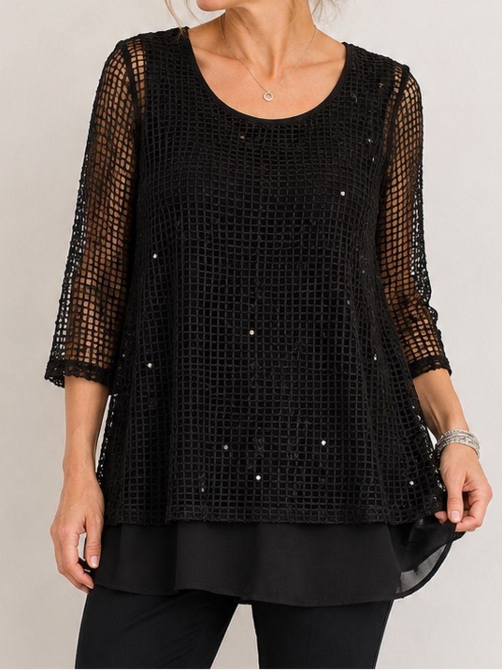 Initiatives L Black Mesh Sequin Layered Tunic Top Made in Canada